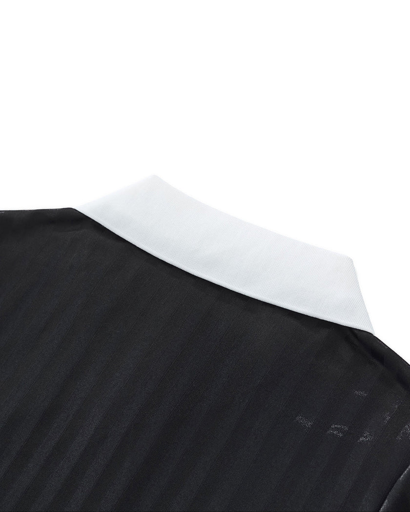 Back collar detail closeup of the Athlesi TrackLine Varsity Jersey in black and white