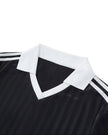Back collar detail closeup of the Athlesi TrackLine Varsity Jersey in black and white
