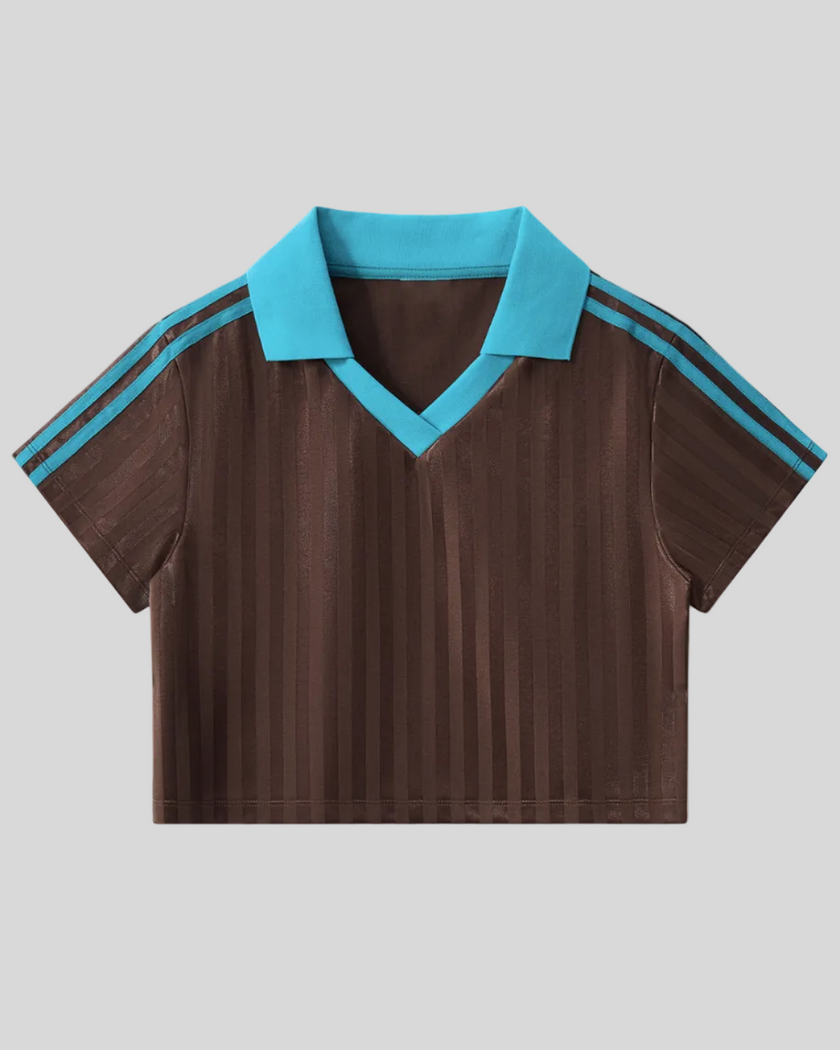 Athlesi TrackLine Varsity Jersey in brown and blue shown in flatlay front view