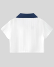 Back view of the Athlesi TrackLine Varsity Jersey in white and navy blue