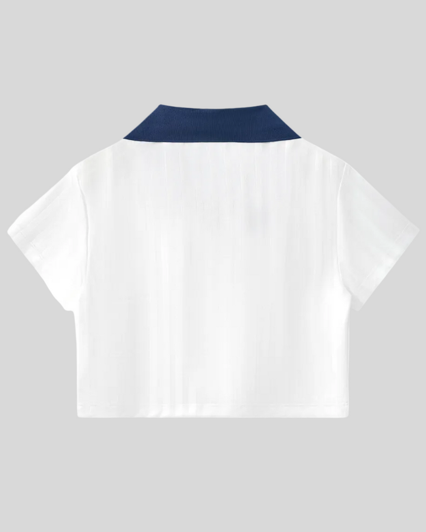 Back view of the Athlesi TrackLine Varsity Jersey in white and navy blue