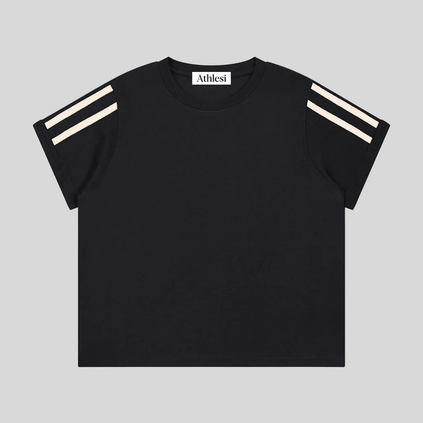 Athlesi TrackLine Varsity Tee in black with contrast varsity stripe sleeves shown in flatlay front view