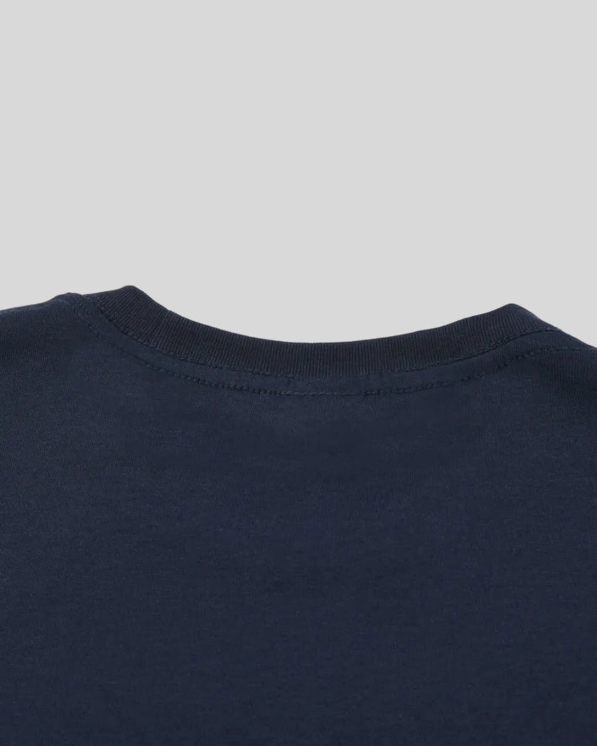 Back collar closeup of the Athlesi TrackLine Varsity Tee in blue