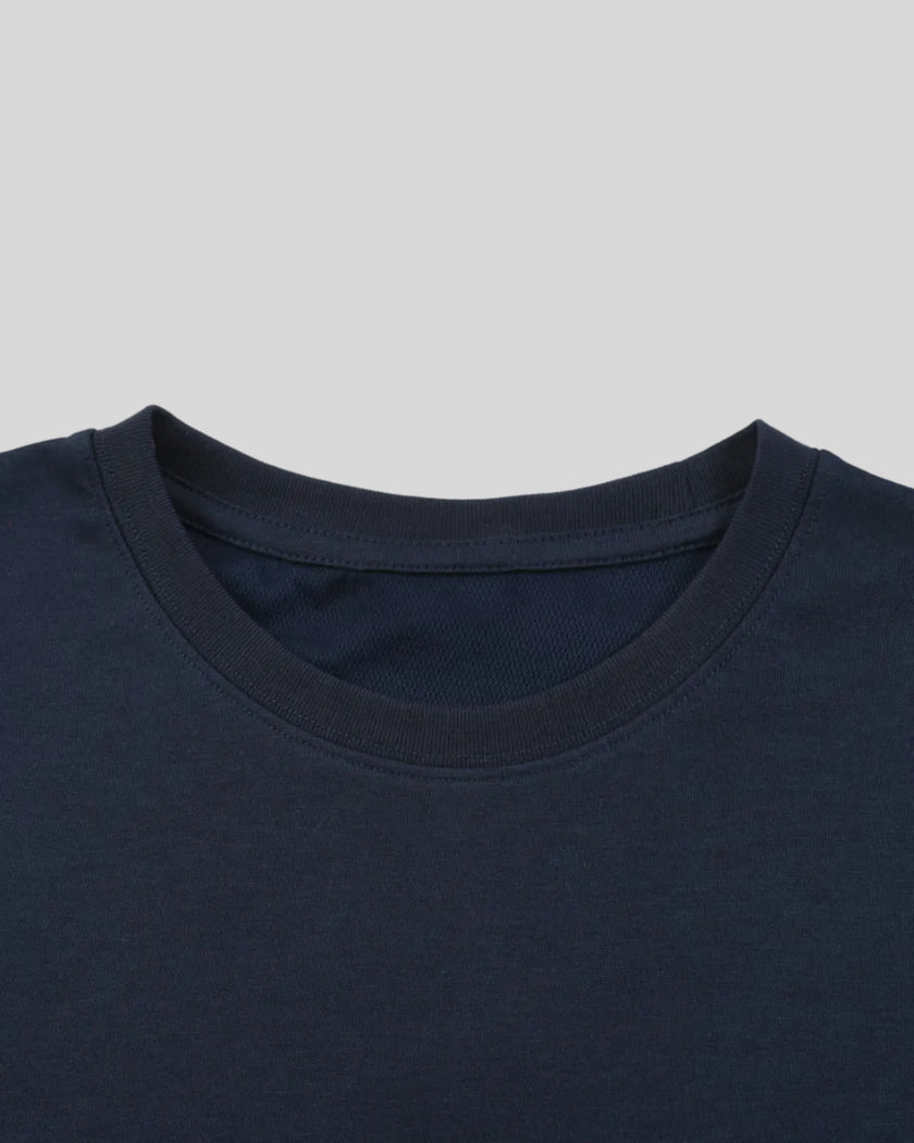 Closeup of the ribbed crew neckline on the Athlesi TrackLine Varsity Tee in blue