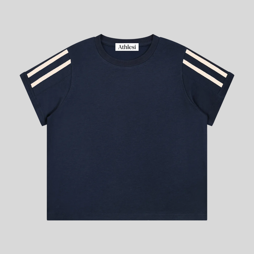 Athlesi TrackLine Varsity Tee in blue with contrast varsity stripe sleeves shown in flatlay front view