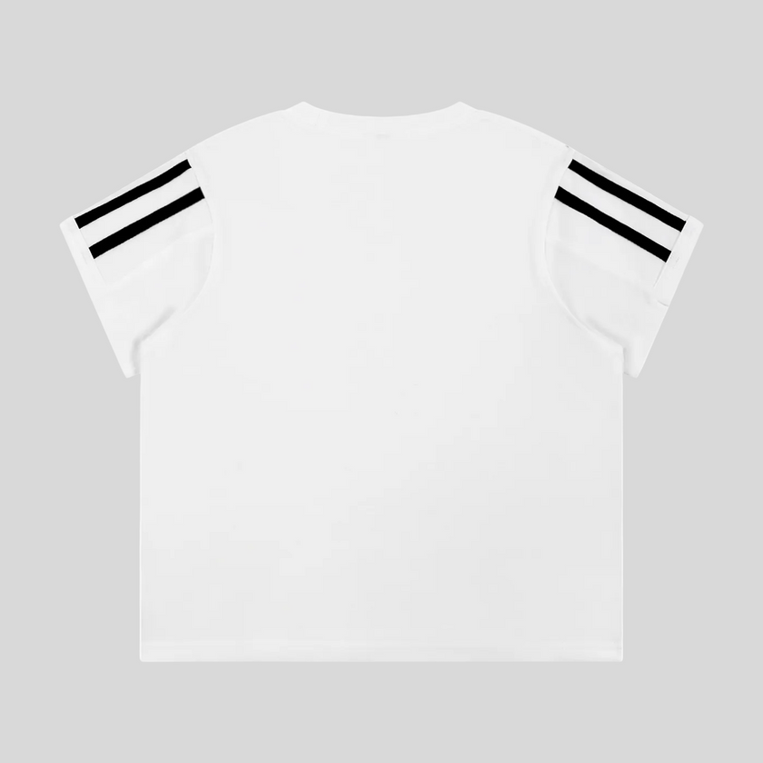 Back view flatlay of the Athlesi TrackLine Varsity Tee in white with athletic stripe sleeve detailing