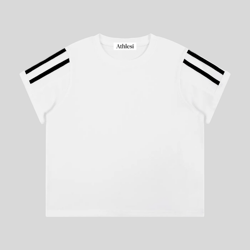 Athlesi TrackLine Varsity Tee in white with contrast varsity stripe sleeves shown in flatlay front view
