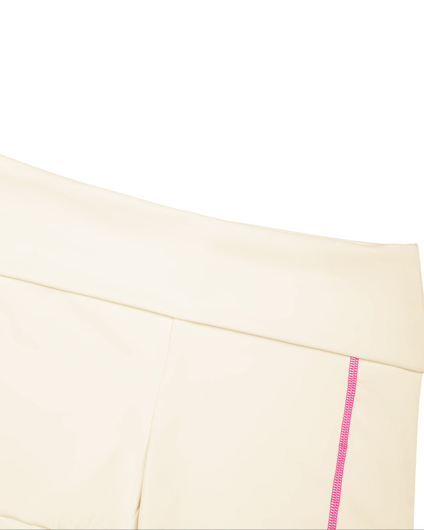 Closeup of wide high-rise waistband on TrackLine Yoga Shorts in apricot