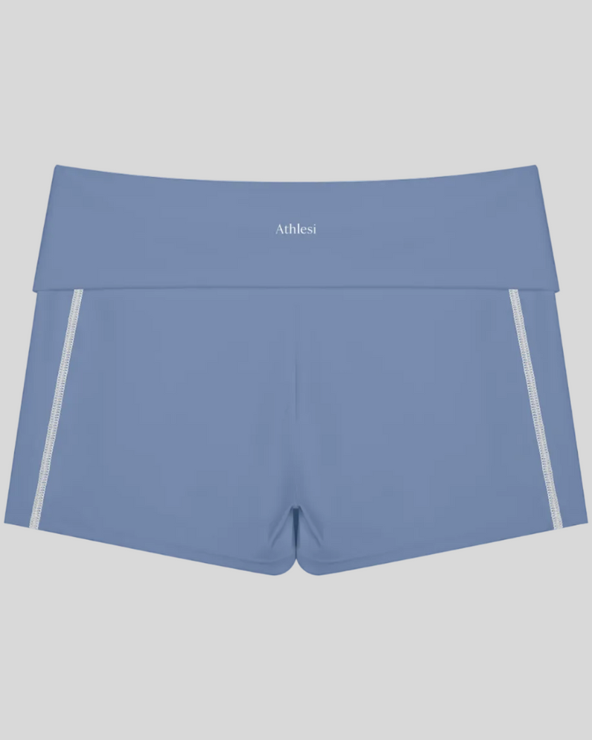 TrackLine Yoga Shorts in blue with contrast stitching back view