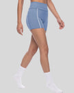 Lower body angled side view of woman wearing TrackLine Yoga Shorts in blue