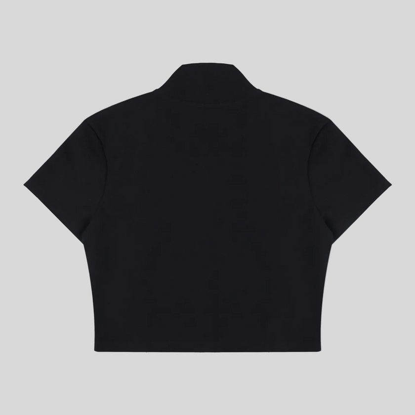 Back view flatlay of the Athlesi TrackLine Zip Crop Tee in black with contrast stripe sleeve detailing
