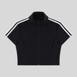 Athlesi TrackLine Zip Crop Tee in black with contrast stripe sleeves shown in flatlay front view