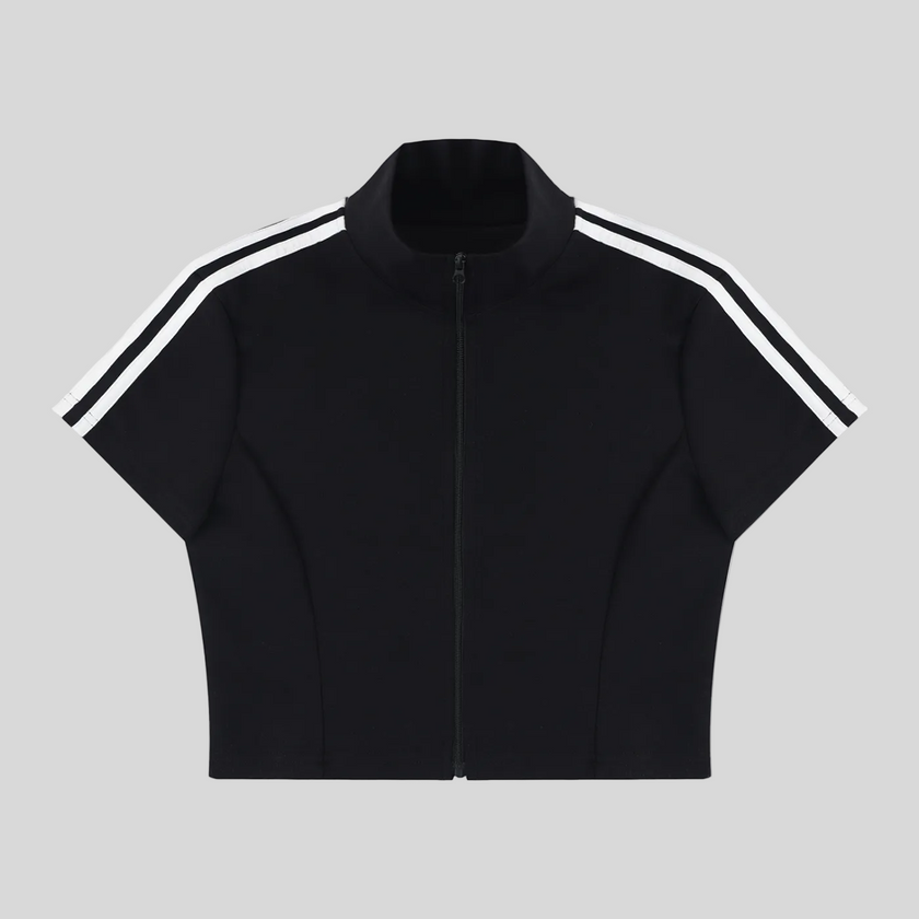 Athlesi TrackLine Zip Crop Tee in black with contrast stripe sleeves shown in flatlay front view