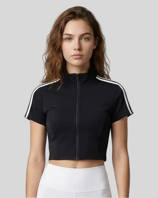Upper body front view of the Athlesi TrackLine Zip Crop Tee in blackwith contrast stripe sleeve details