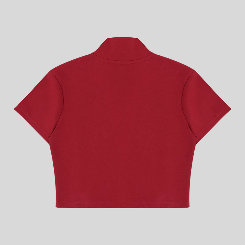 Back view flatlay of the Athlesi TrackLine Zip Crop Tee in red with contrast stripe sleeve detailing