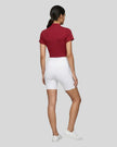 Back view of the Athlesi TrackLine Zip Crop Tee in red styled with a sport-inspired minimalist look