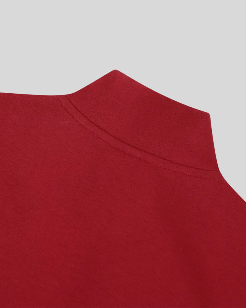 Back collar closeup of the Athlesi TrackLine Zip Crop Tee in red