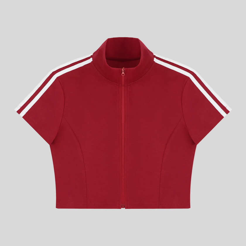 Athlesi TrackLine Zip Crop Tee in red with contrast stripe sleeves shown in flatlay front view