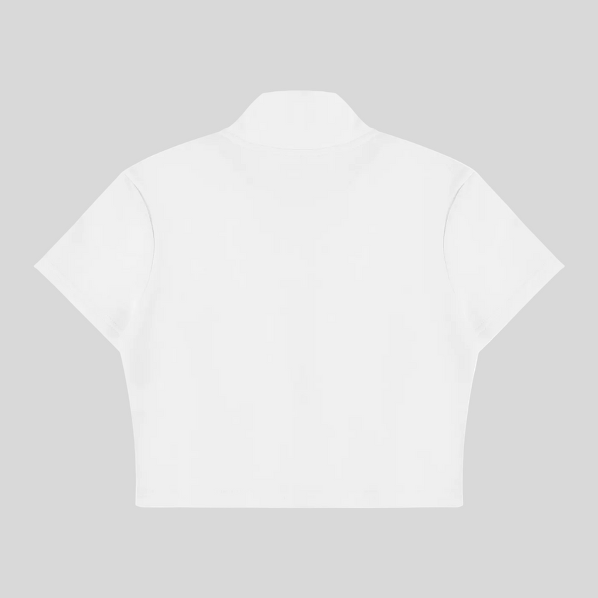 Back view flatlay of the Athlesi TrackLine Zip Crop Tee in white with contrast stripe sleeve detailing.