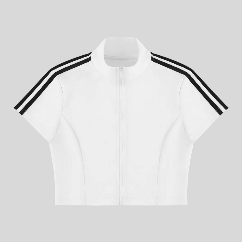 Athlesi TrackLine Zip Crop Tee in white with contrast stripe sleeves shown in flatlay front view