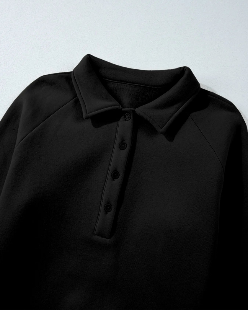 Close-up of collar detail on UrbanEase Collared Sweatshirt in Black