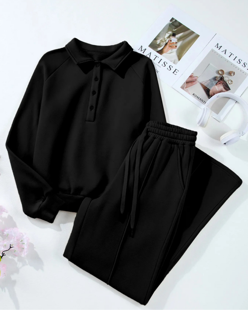 Flat lay front view of UrbanEase Collared Set in Black