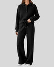 UrbanEase Collared Set in Black, front view with collared sweatshirt and high-waist pants