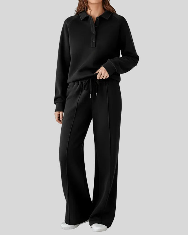 UrbanEase Collared Set in Black, front view with collared sweatshirt and high-waist pants