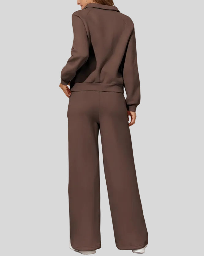 Back view of UrbanEase Collared Set in brown showing clean, relaxed silhouette