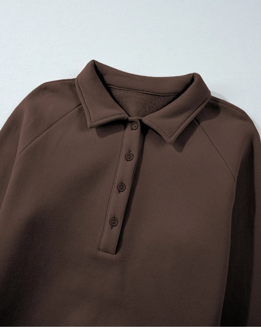 Close-up of collar detail on UrbanEase Collared Sweatshirt in Brown