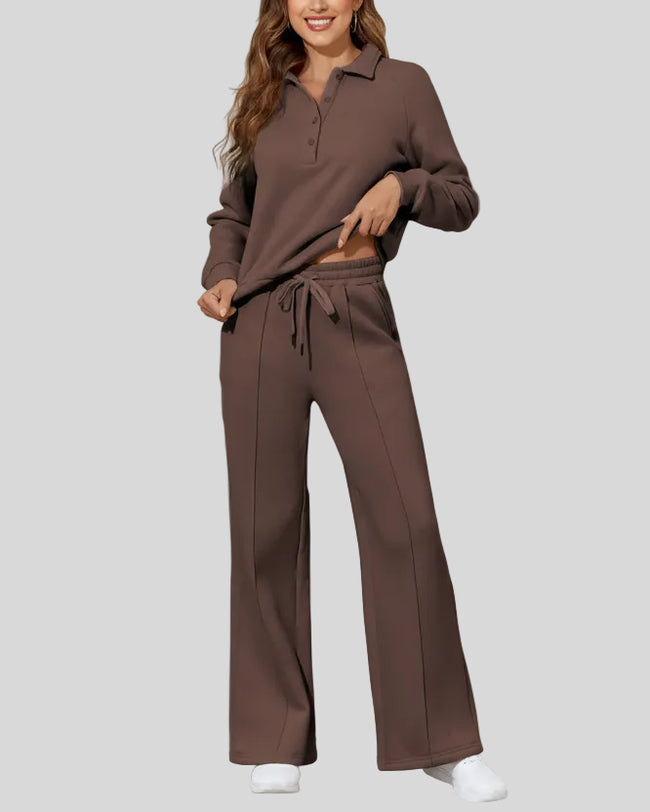 Front angle view of the UrbanEase Collared Set in brown showing relaxed fit and clean structure