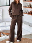 UrbanEase Collared Set in Brown, front view with collared sweatshirt and high-waist pants