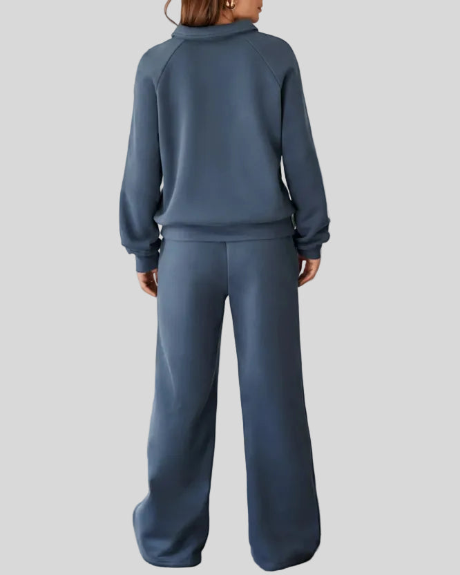 Back view of UrbanEase Collared Set in dusty blue showing clean, relaxed silhouette