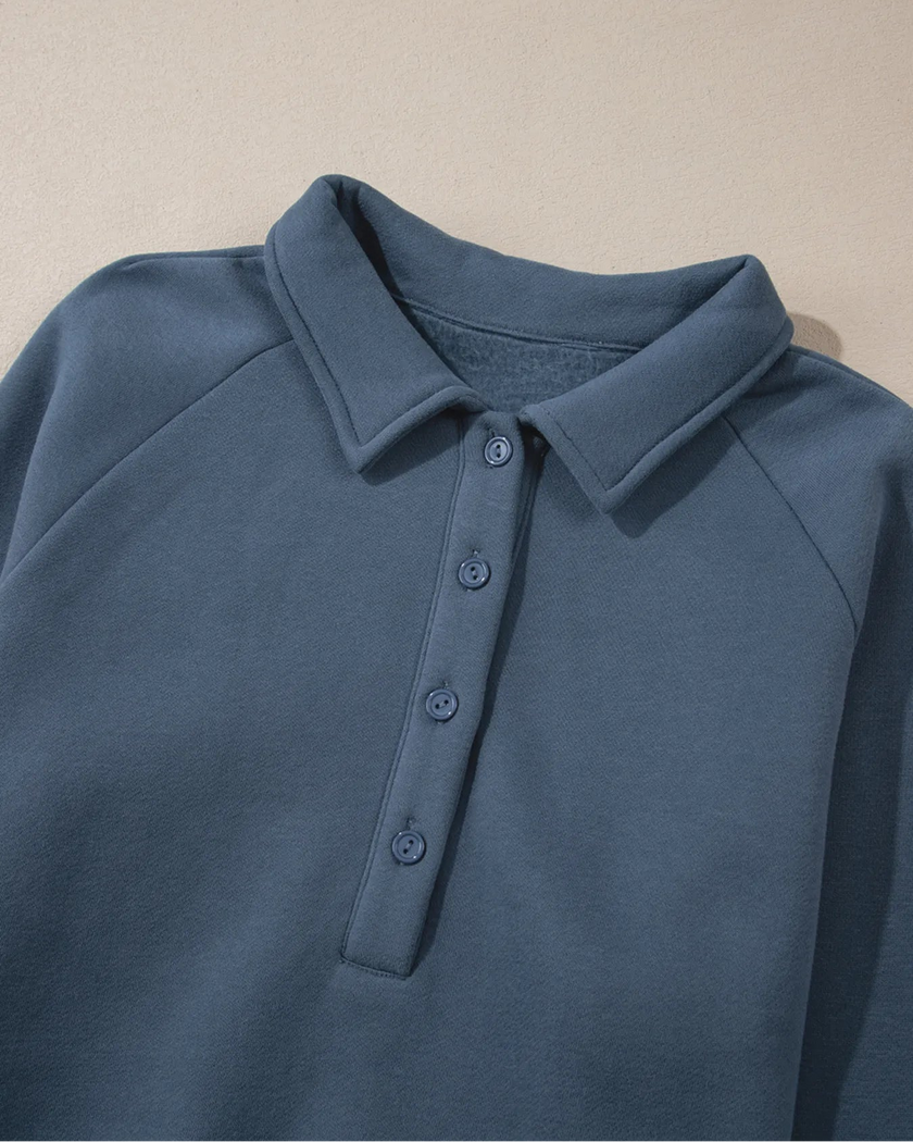 Close-up of collar detail on UrbanEase Collared Sweatshirt in Dusty Blue