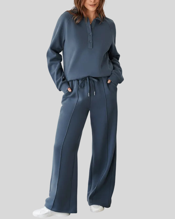 Front angle view of the UrbanEase Collared Set in dusty blue showing relaxed fit and clean structure