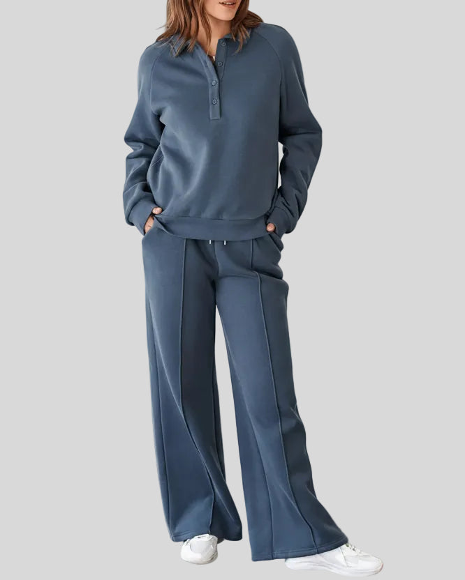 UrbanEase Collared Set in Dusty Blue, front view with collared sweatshirt and high-waist pants