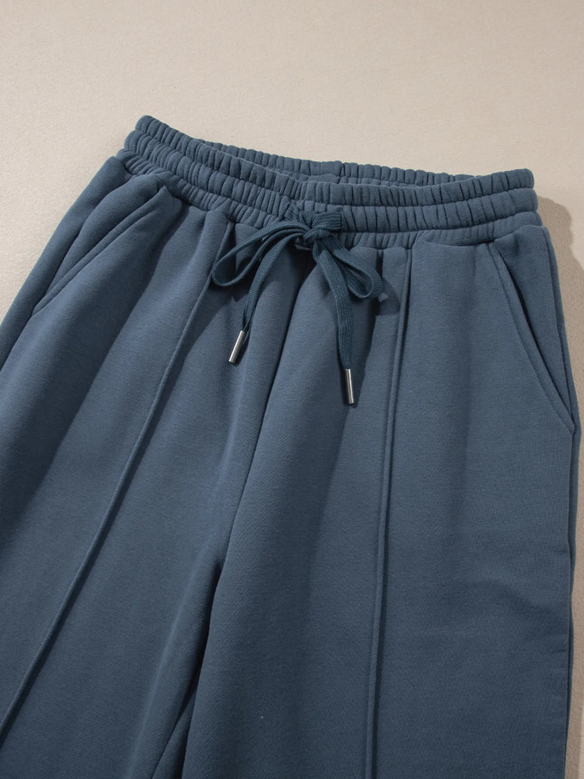 High-waist waistband detail on UrbanEase lounge pants in Dusty Blue