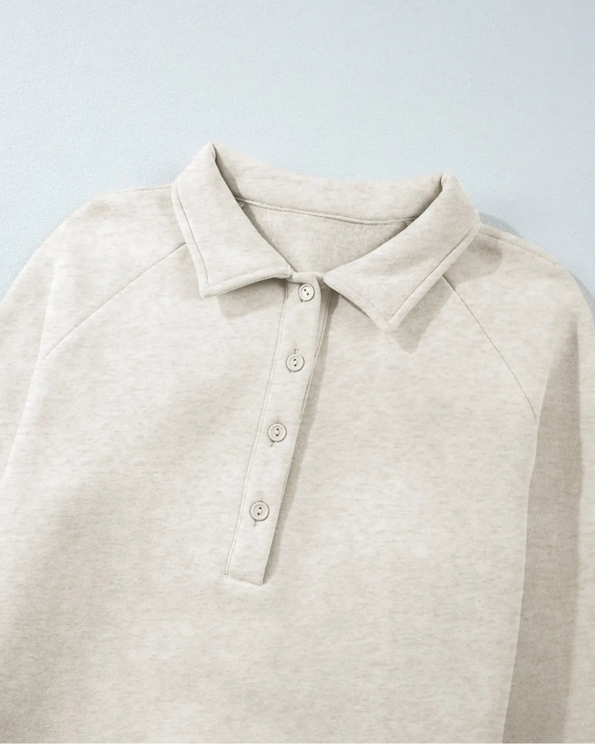 Close-up of collar detail on UrbanEase Collared Sweatshirt in Light Gray
