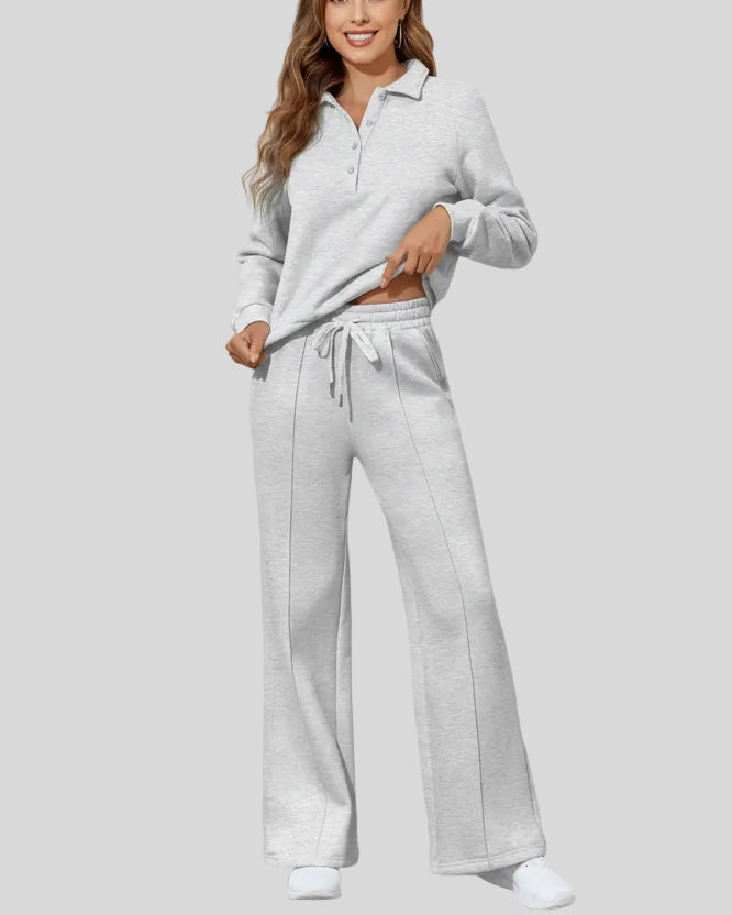 Front angle view of the UrbanEase Collared Set in light gray showing relaxed fit and clean structure