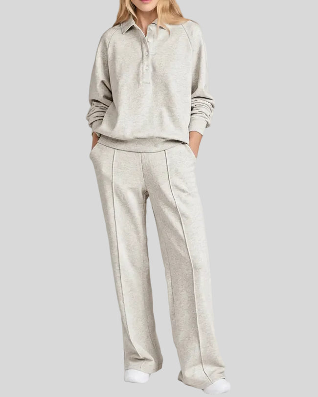 UrbanEase Collared Set in Light Gray, front view with collared sweatshirt and high-waist pants