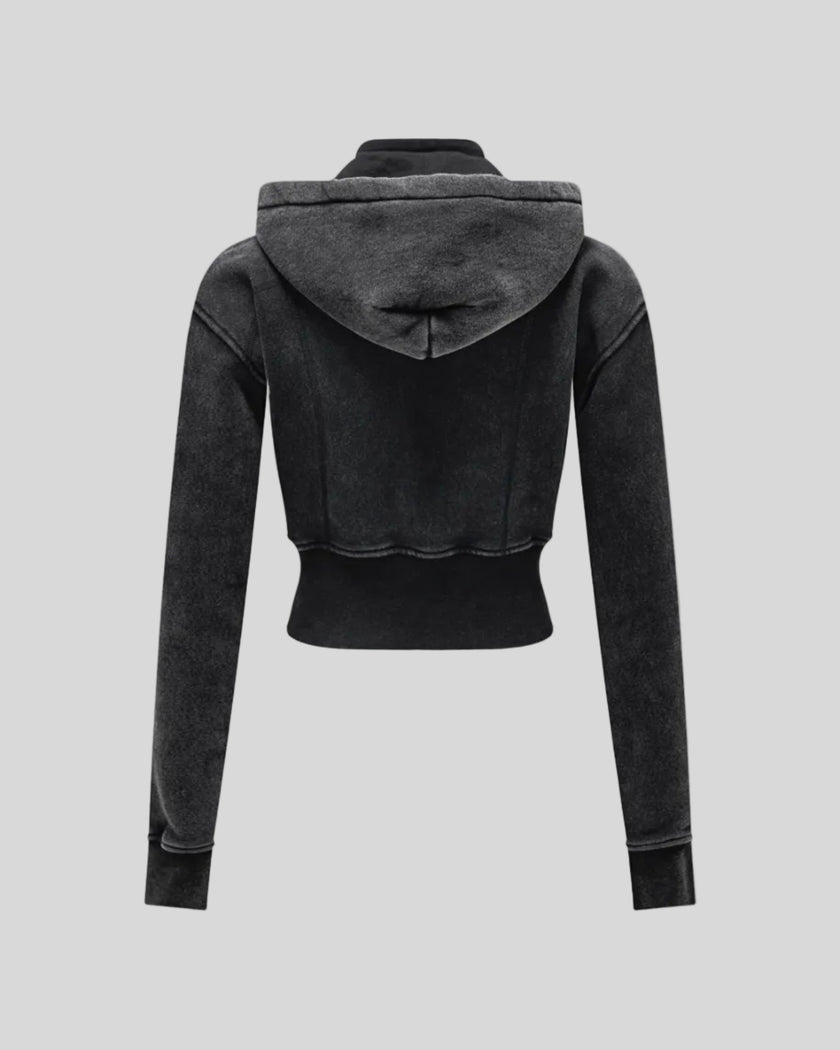 Back view of Vintage Washed Edition Hoodie in Black with detachable hood and ribbed waistband