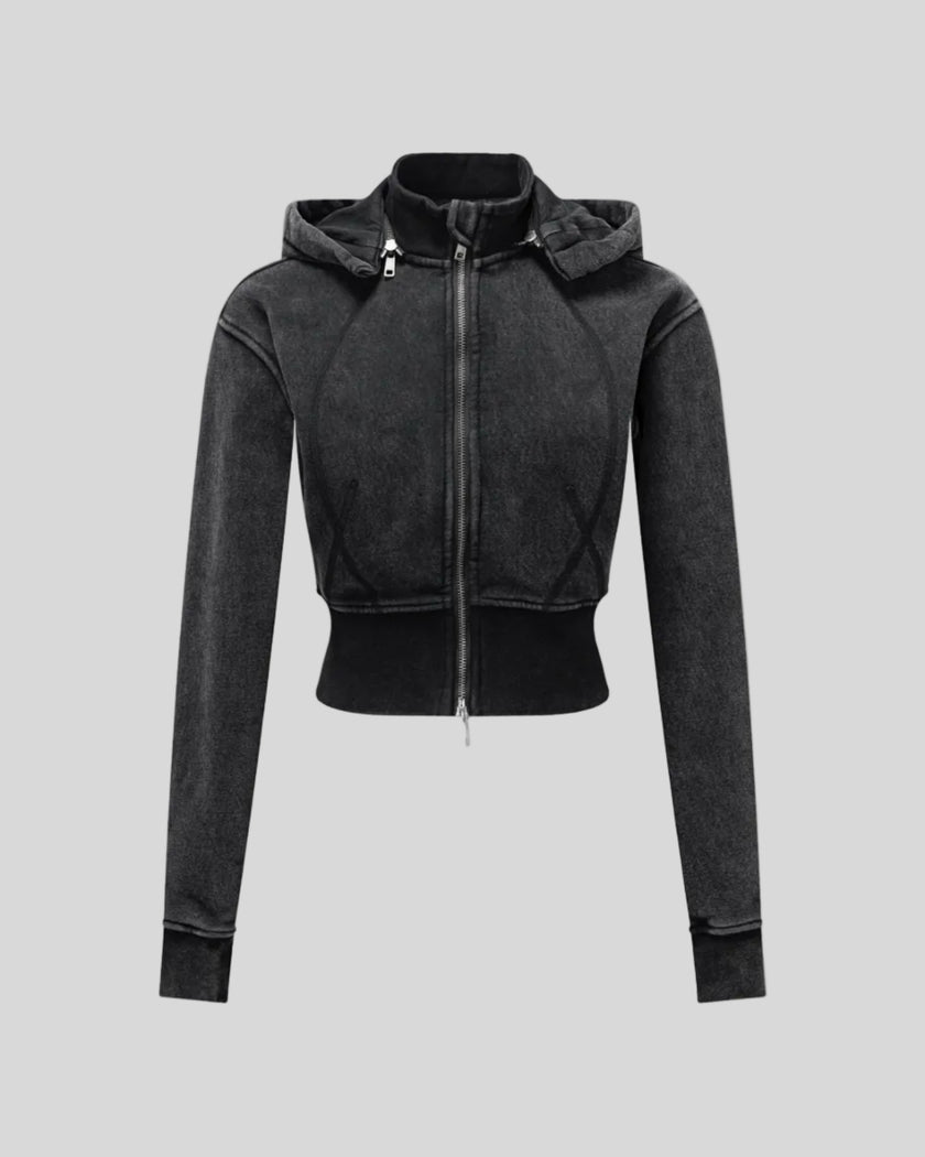 Vintage Washed Edition Hoodie in Black with cropped silhouette, contoured seams and front zipper