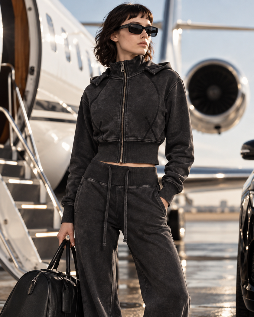 A woman wearing a matching black Athlesi Vintage Washed Edition hoodie and wide-leg sweatpants stands in front of a private jet on a tarmac, holding a black duffel bag.