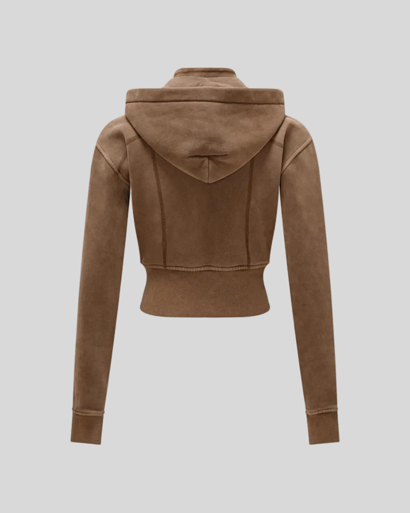 Back view of Vintage Washed Edition Hoodie in Coffee with detachable hood and ribbed waistband