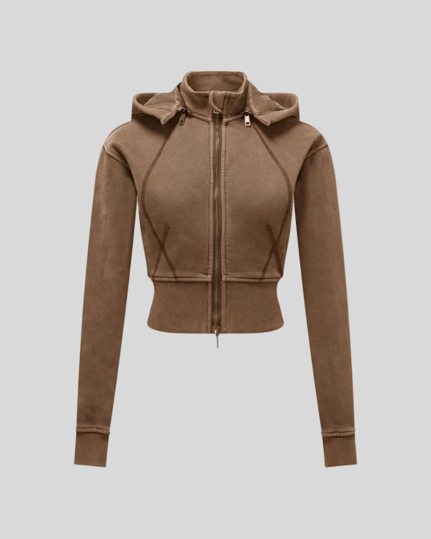 Vintage Washed Edition Hoodie in Coffee with cropped silhouette, contoured seams and front zipper