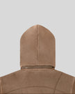 Back closeup of detachable hood and collar construction on Vintage Washed Edition Hoodie in Coffee