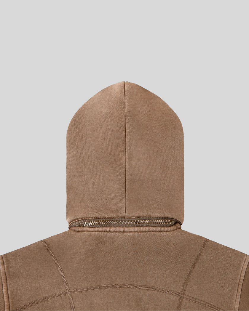 Back closeup of detachable hood and collar construction on Vintage Washed Edition Hoodie in Coffee