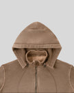 Closeup of detachable hood, stand collar and front zipper on Vintage Washed Edition Hoodie