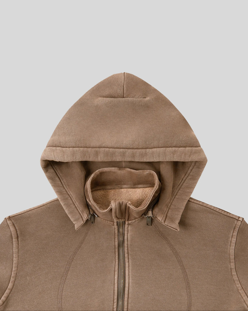 Closeup of detachable hood, stand collar and front zipper on Vintage Washed Edition Hoodie