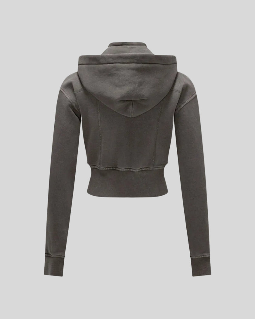 Back view of Vintage Washed Edition Hoodie in Dark Gray with detachable hood and ribbed waistband